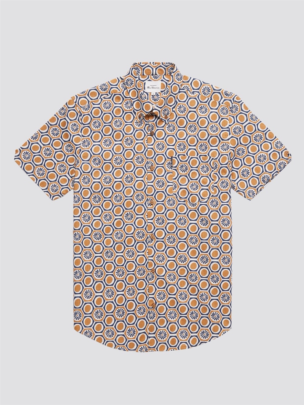 Ben Sherman Men's Short-Sleeve Geo Print Shirt in Mustard and Navy